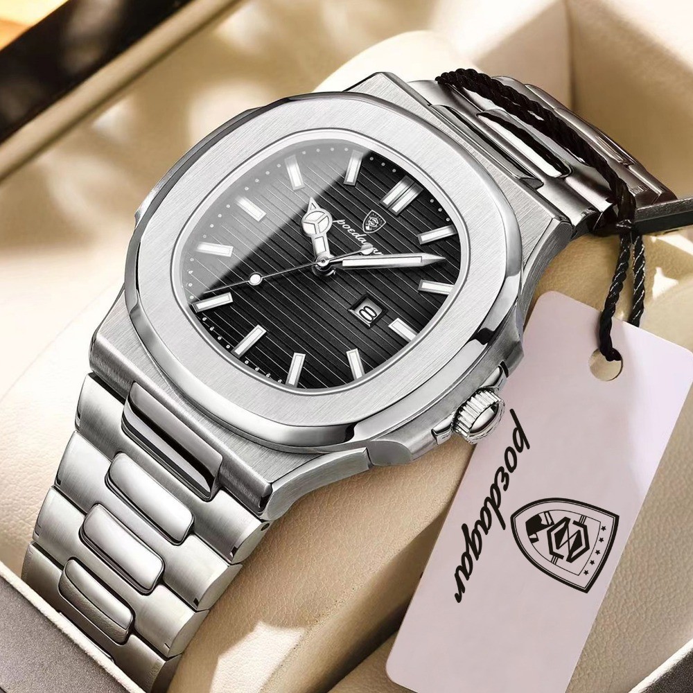 POEDAGAR Square Men Waterproof Luminous Date Stainless Steel Quartz Watch