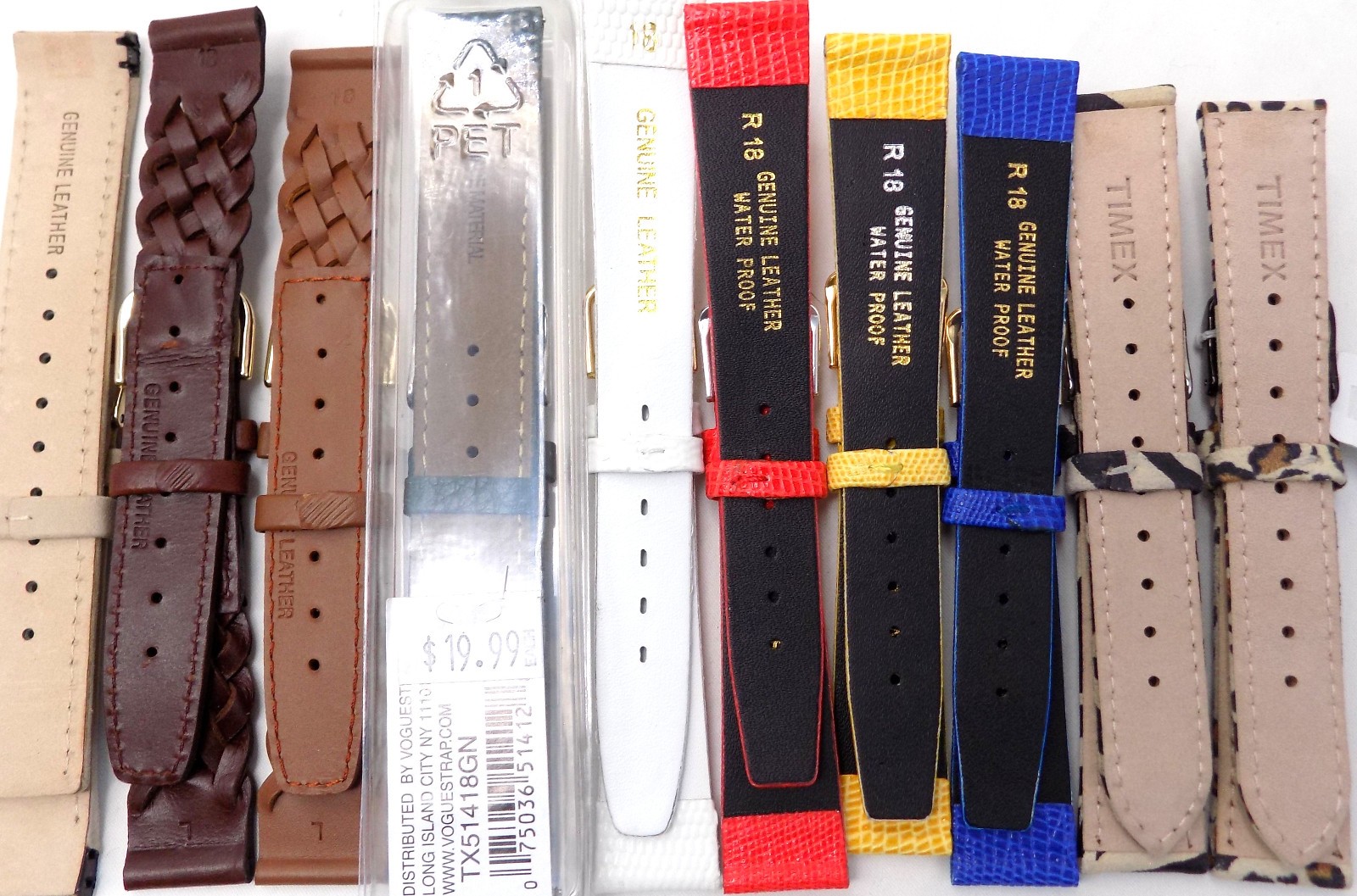Lot of 10 All 18mm Watch Bands Leather Lizard Grain Braided Timex Mixed Colors