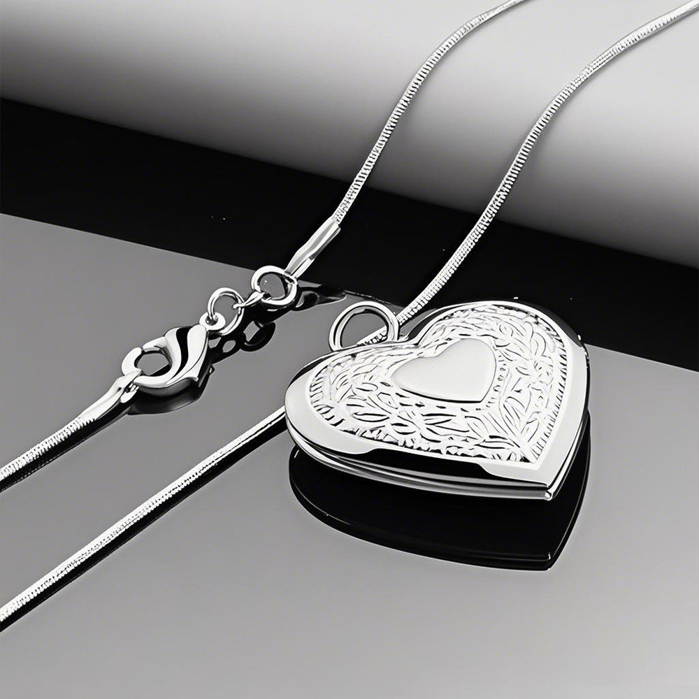 925 Sterling Silver Plated Heart Necklace, Locket Photo Picture Pendant 18″ N1