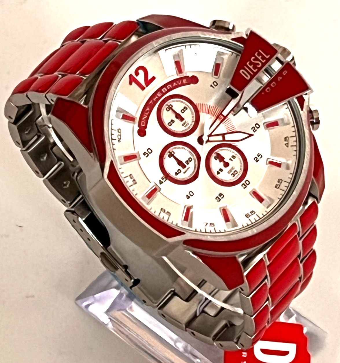 DIESEL DZ4638 Men’s Mega Chief Red Enamel Stainless Steel Watch BNWT/Box $290