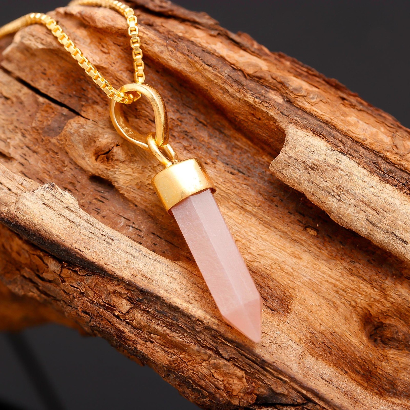 100% Natural Peach Moonstone Tower Chain Necklace Gold Fill Solid Silver Jewelry