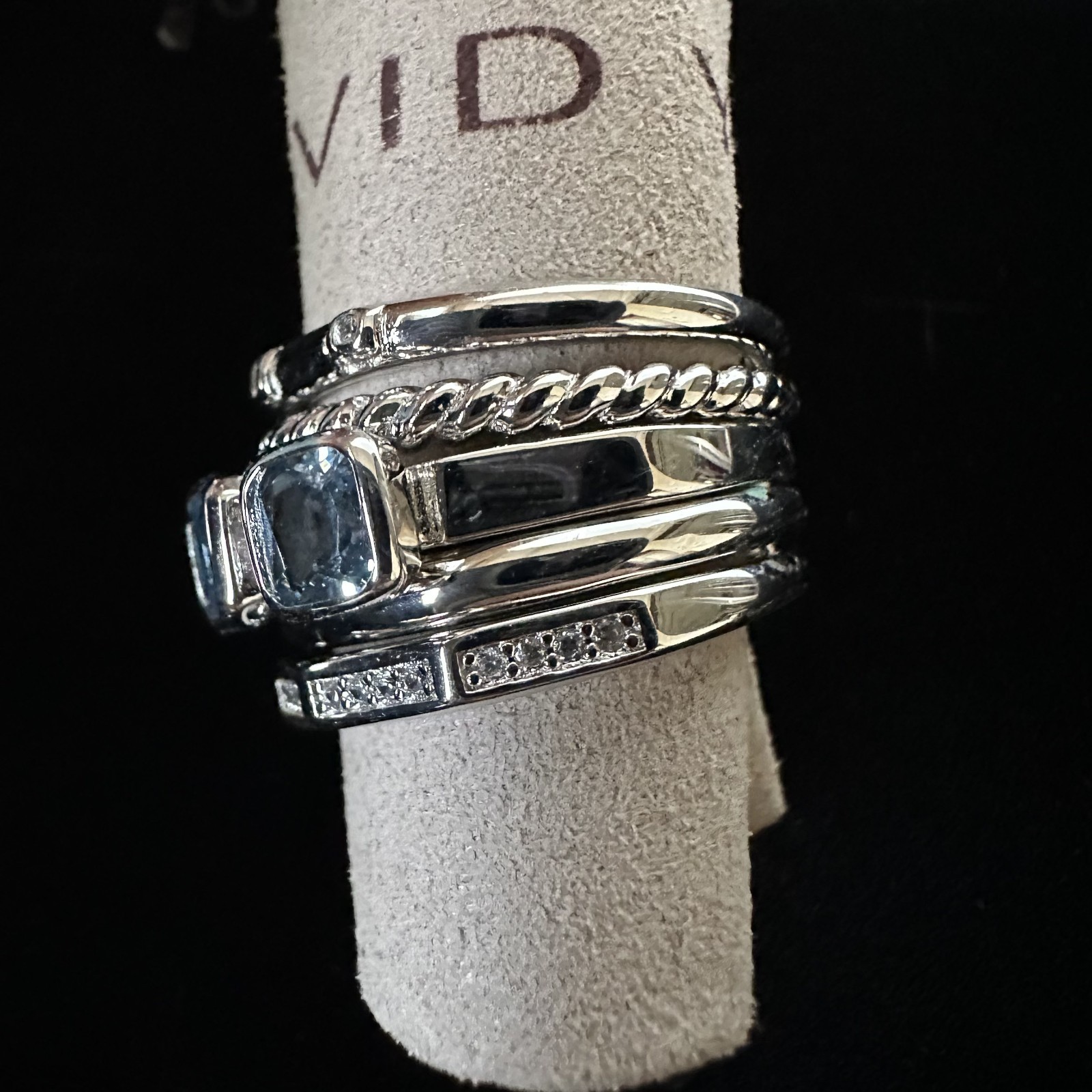 David Yurman Sterling Silver Stax Five Row Hampton Blue Topaz Ring Size 8