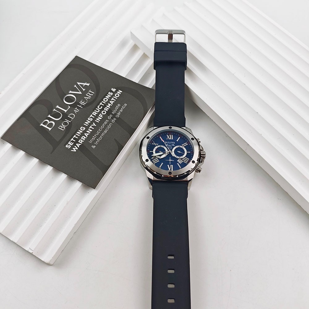 Bulova Marine Star 98B258 Blue Dial Black Rubber Strap Quartz Men’s 44mm Watch