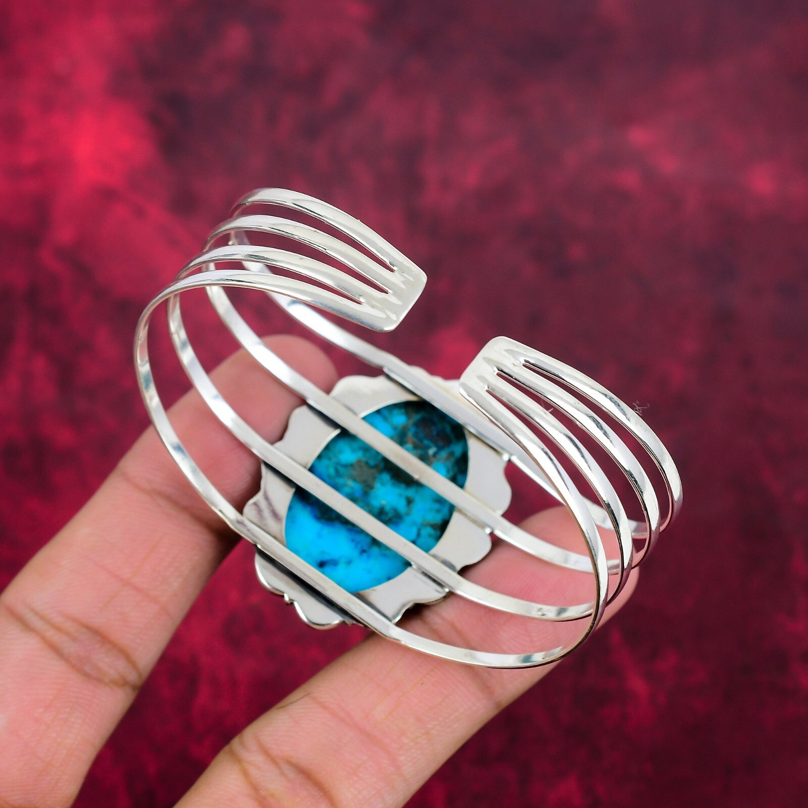 Blue Turquoise Gemstone Handmade 925 Sterling Silver Adjustable Bangle Jewelry