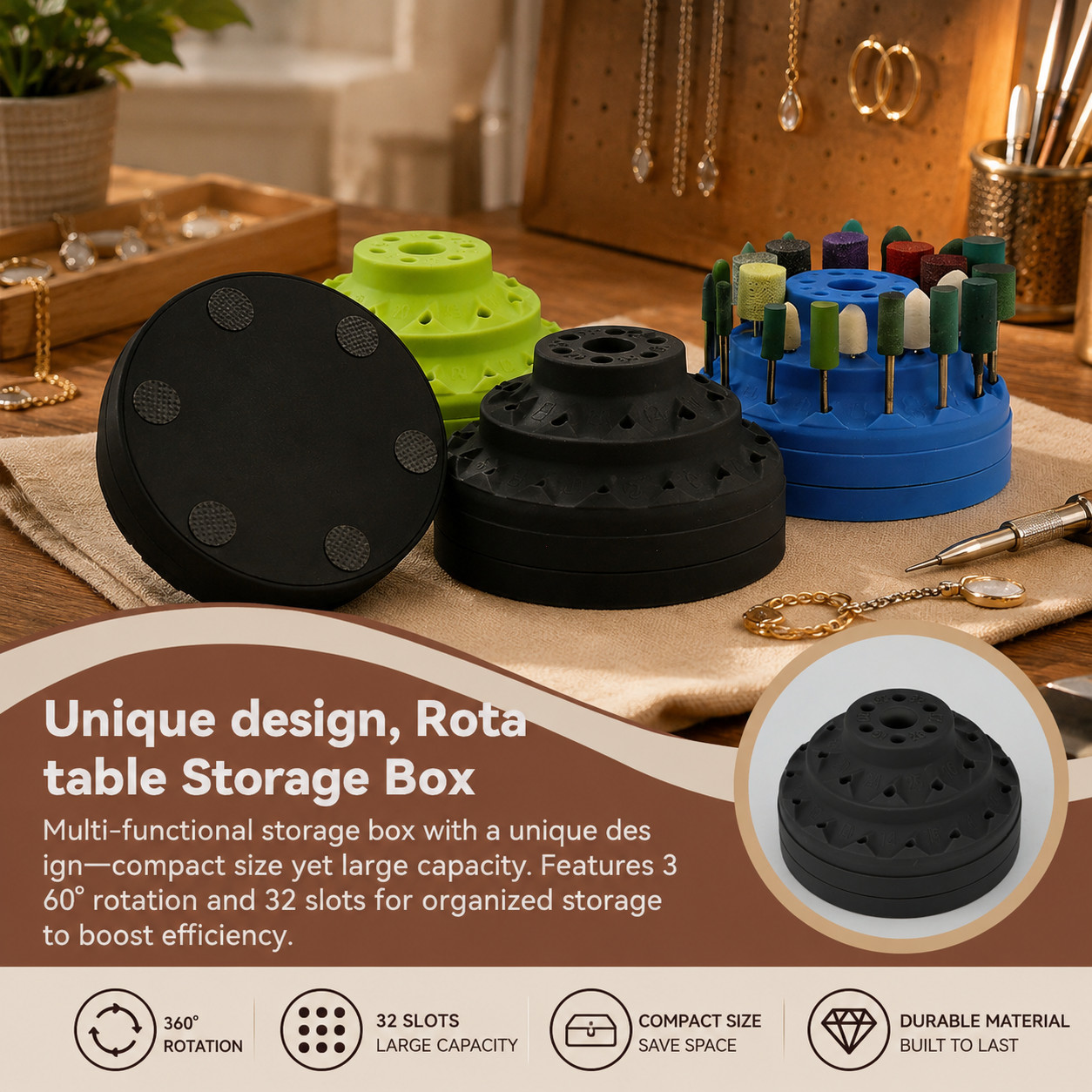 360° Rotating Drill Bit Holder | 32 Holes Silicone Tool Organizer Non-Slip Base
