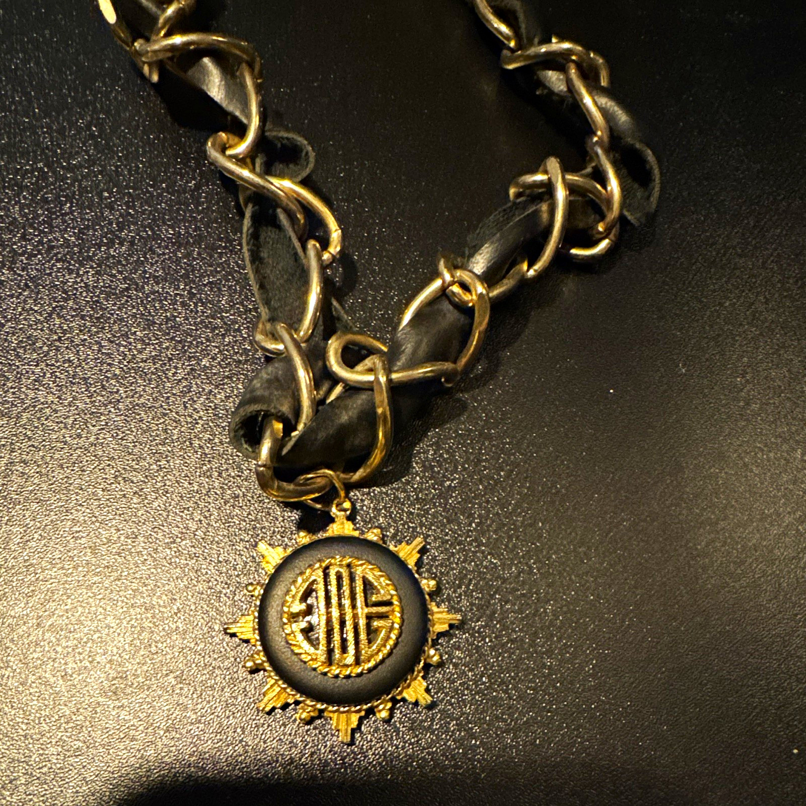 Vintage Black Leather Link Chain Necklace Gold Tone Round Medal Pendant