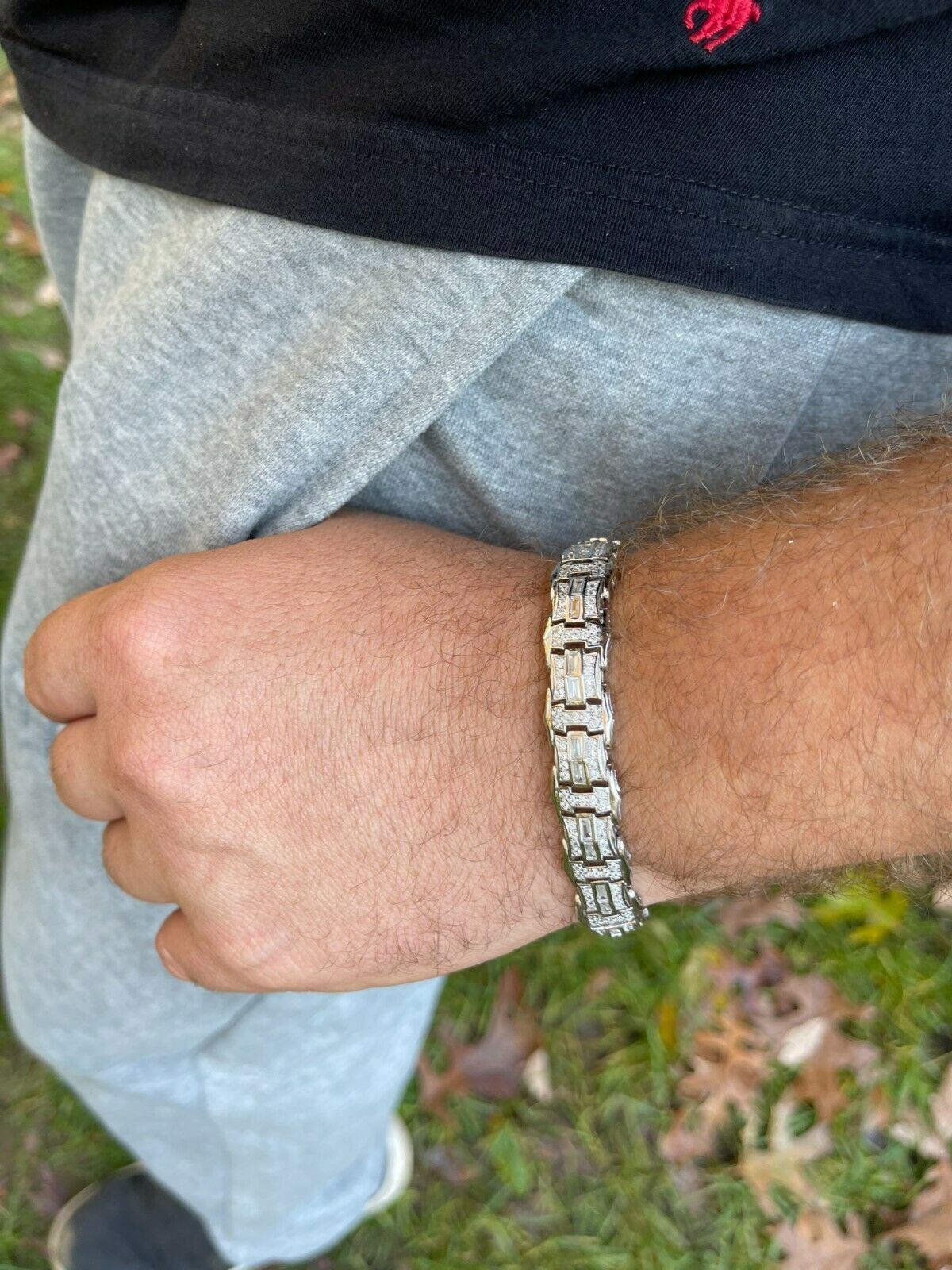 Men’s Real 925 Sterling Silver Iced Baguette Hip Hop Bust Down CZ Bracelet