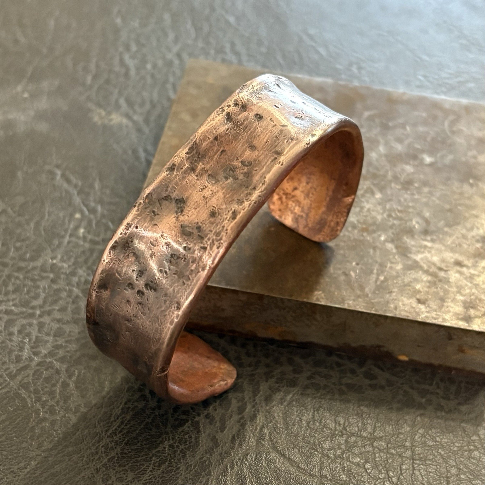 Pure Copper Men’s Handmade Wide Thick Cuff, Hammered Concrete Finish Bracelet