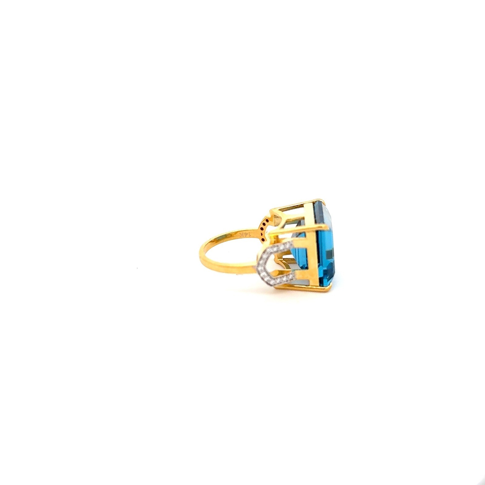 14K Yellow Gold Blue Topaz & Diamond Accent Ring Cocktail Statement Jewelry
