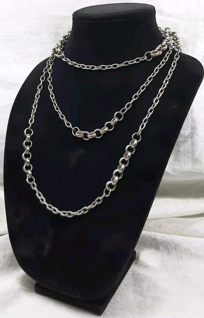 VTG 29″ Long Single Chain Linked Necklace Brass/Silver Pewter Tone Punk Glam