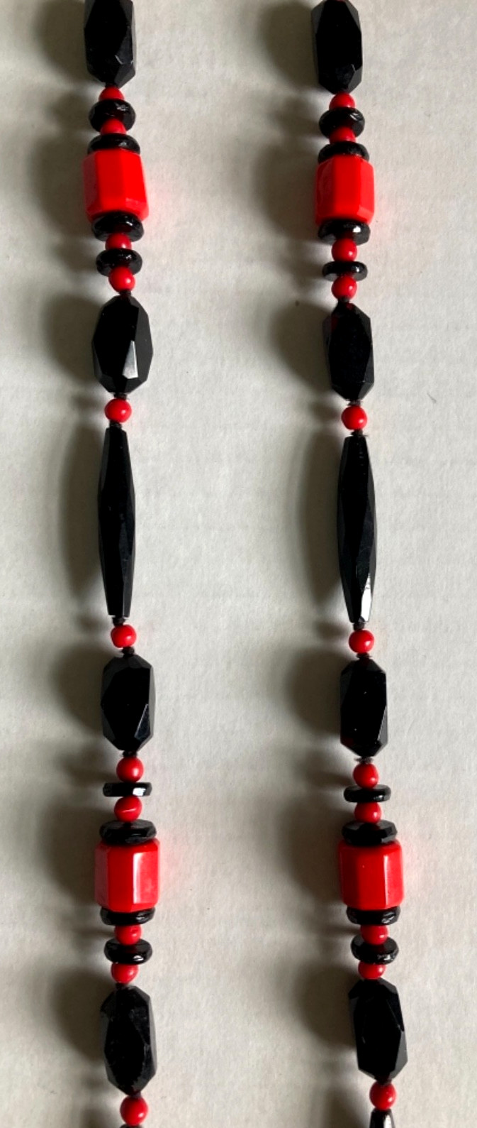 Antique ART DECO Faceted Czech Glass Necklace 50″ Long Red /Black FLAPPER