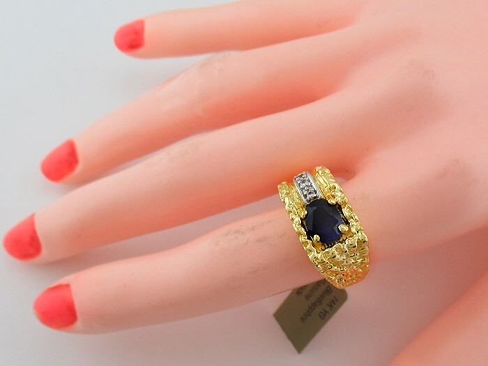 LAB CREATED 1.16 Cts BLUE SAPPHIRE & GENUINE DIAMOND RING 14K GOLD – NWT