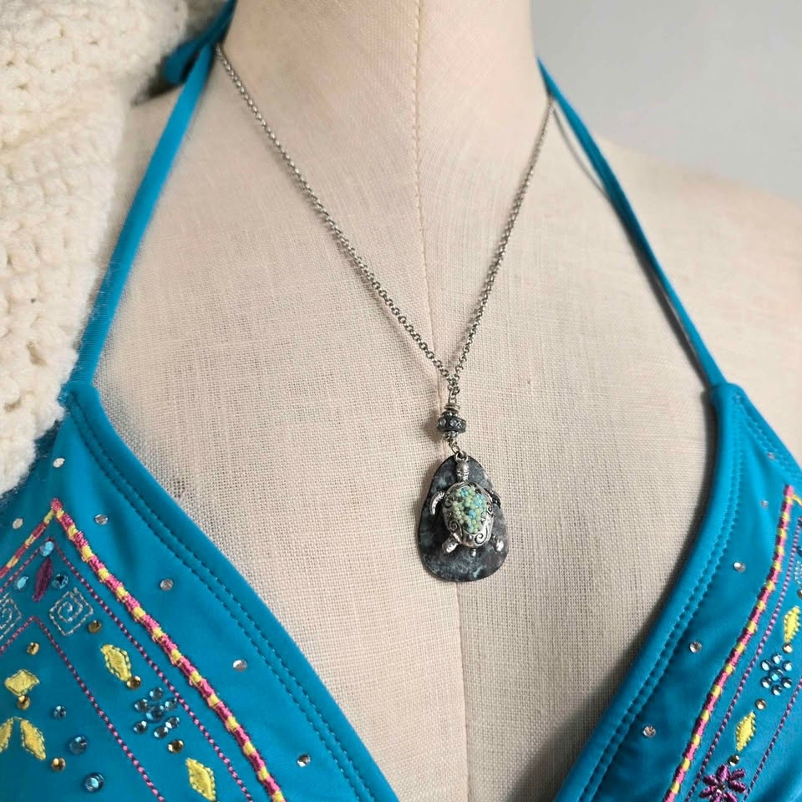 Sea Turtle Necklace Coastal Boho Beach Sliver Tone Jewelry