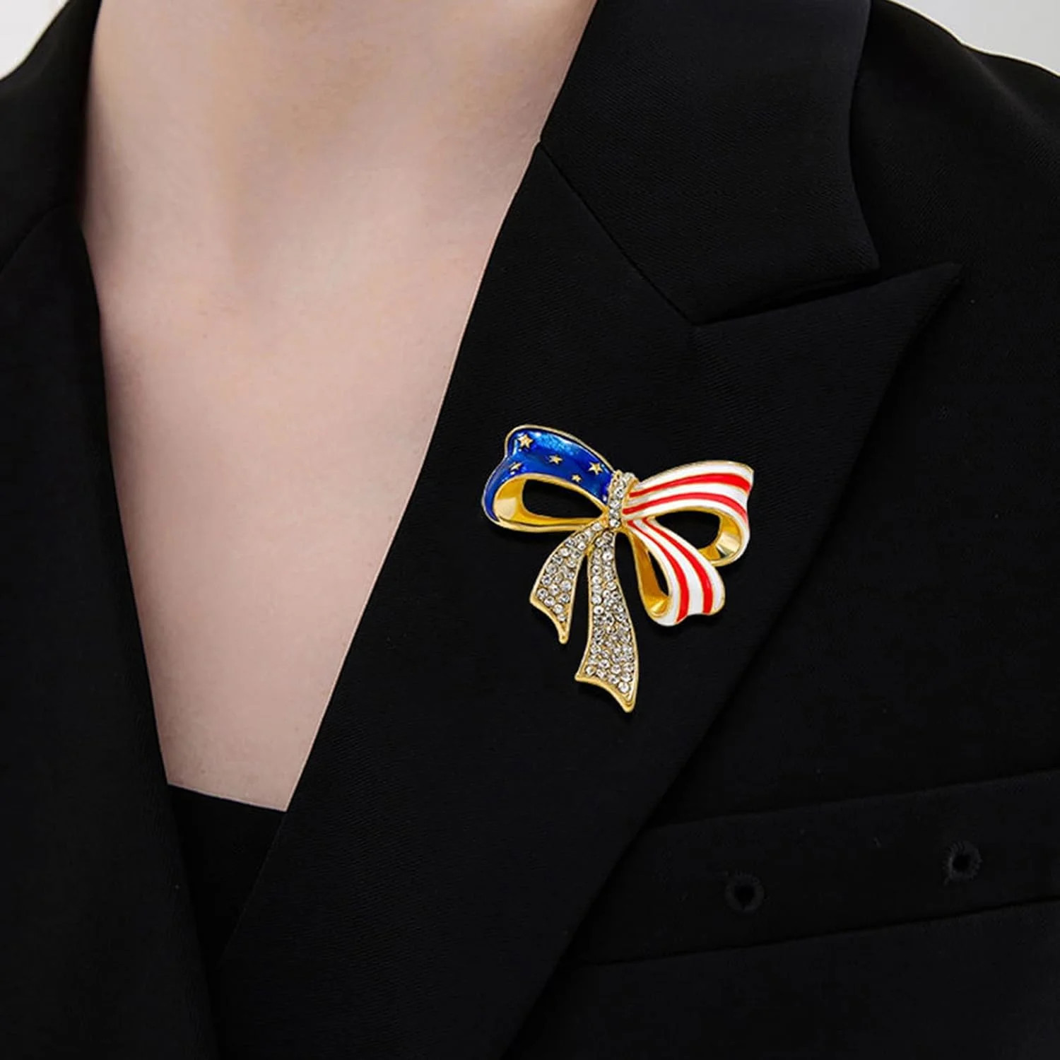 Rhinestone American Flag Medal Pin, Bowknot USA Flag Brooch, Vintage Patriotic