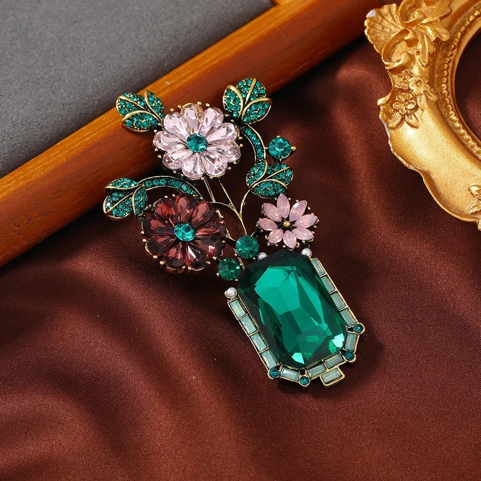 Large Vintage Crystal Rhinestone Flowers in A Green Vase Brooches Pins for Women