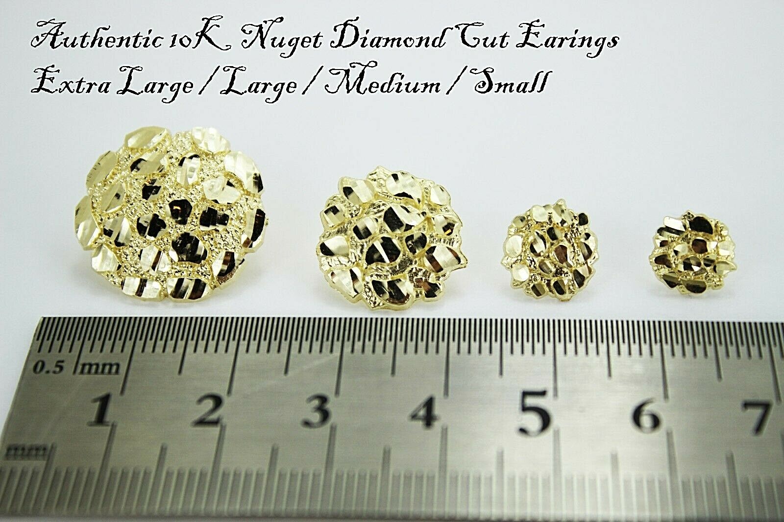10K Gold Authentic Nugget Round Diamond Cut Stud Earrings for Men Women 4 Sizes