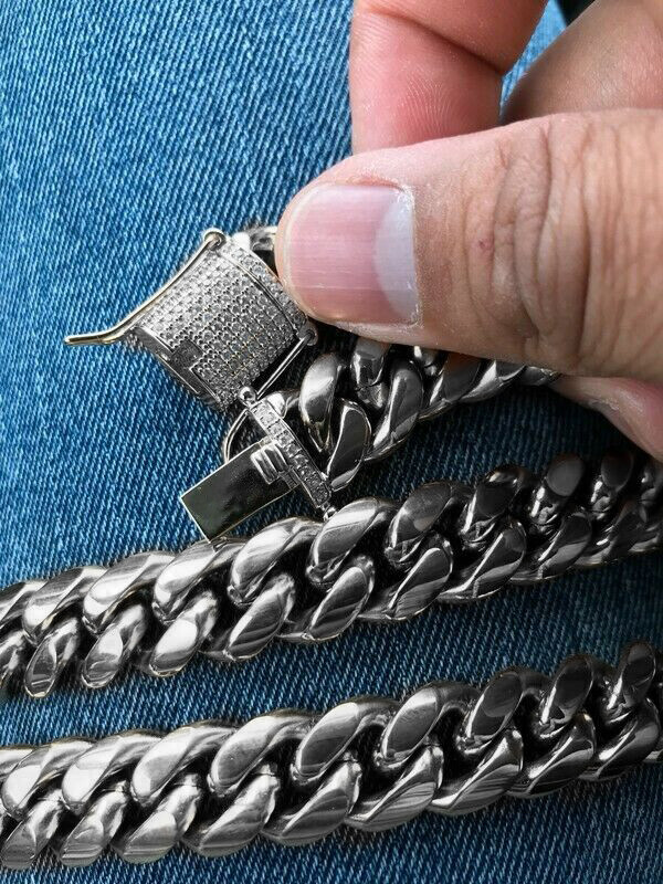 White Gold Plated Stainless Steel Miami Cuban Link Bracelet Chain With CZ Clasp