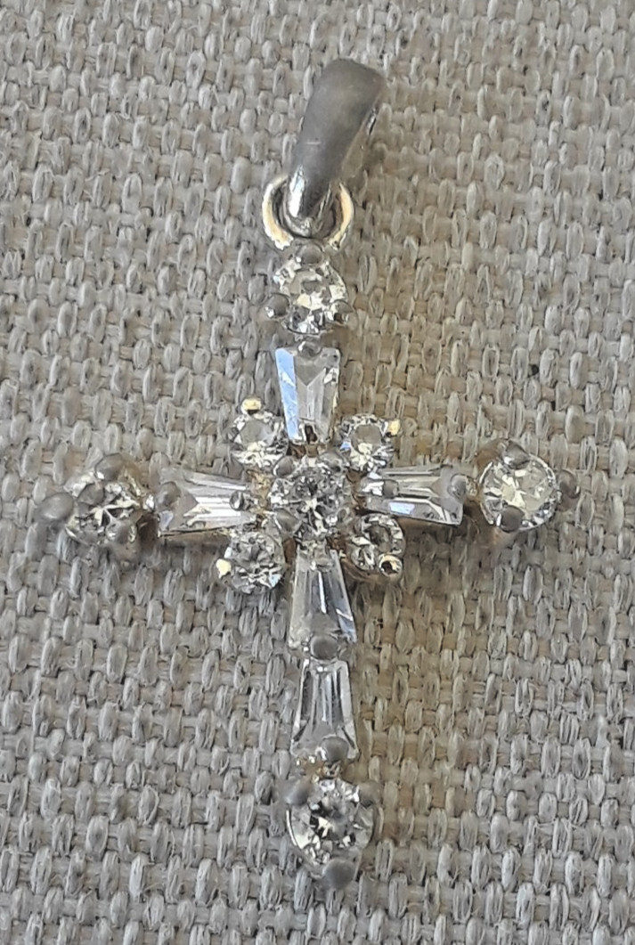 925 Sterling Silver Tapered Baguette & Round-Cut C Z Cross Charm Pendant