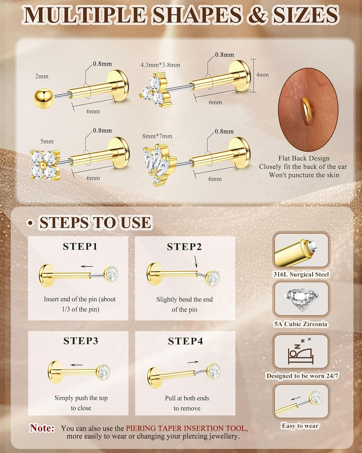 14K Gold Plated Threadless Flat Back Earrings for Women Men | 316L Surgical Stee