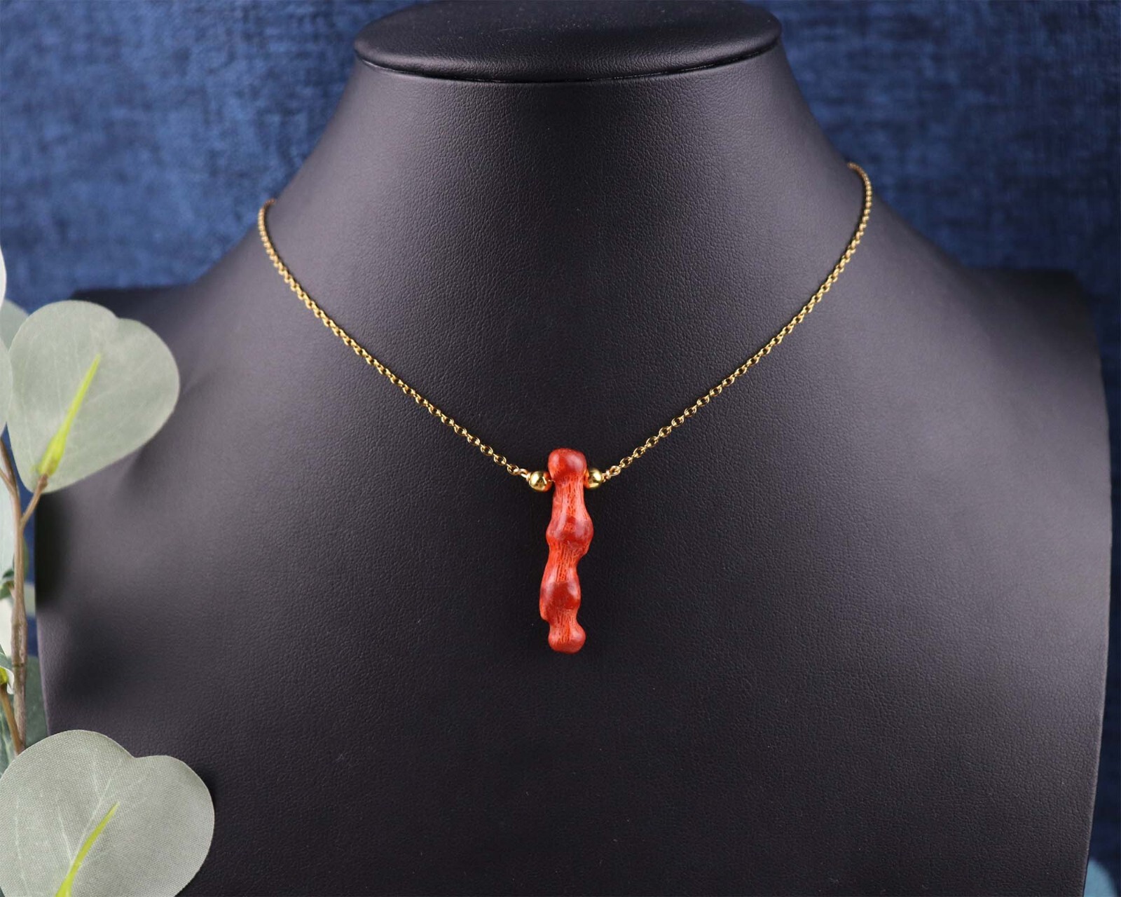 Red Coral Pendant Necklace, Natural Single Red Coral Gold Chain Necklace