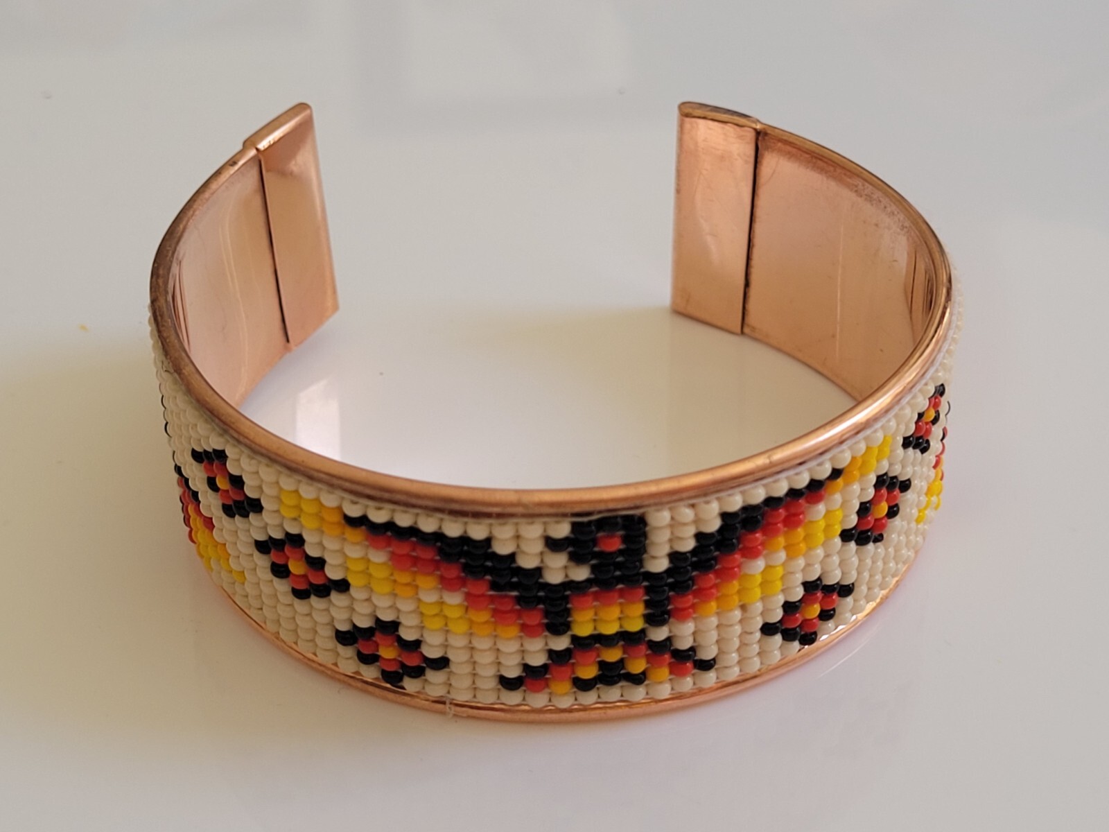 Native American Style Copper Seed Beaded Bracelet Cuff Beige Thunderbird
