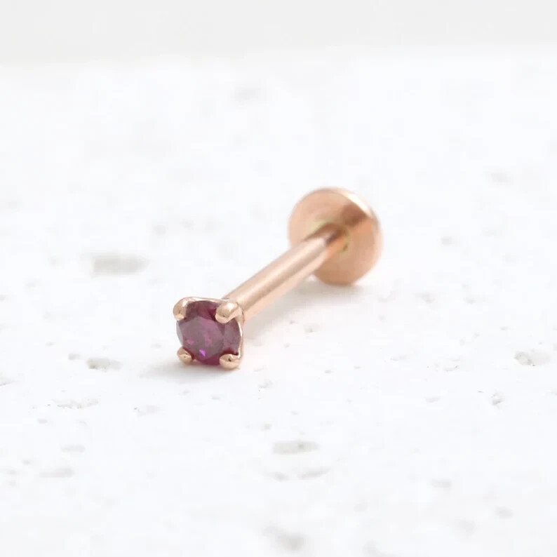 Real 0.04Ct Round Cut Red Ruby Nose Stud Screw Ring Piercing Pin 14K Rose Gold