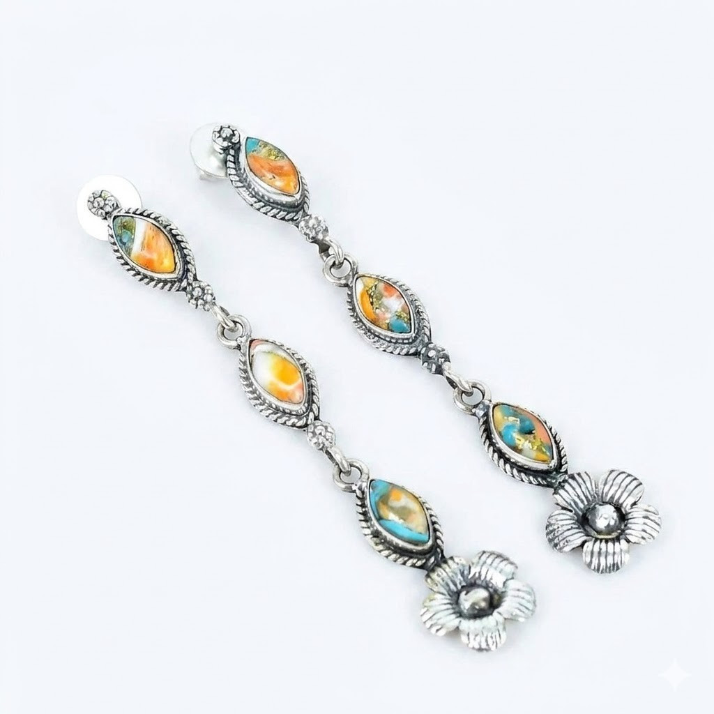 German Silver Plated Spiny Oyster Kingman Turquoise Stud Earrings 925 stamped