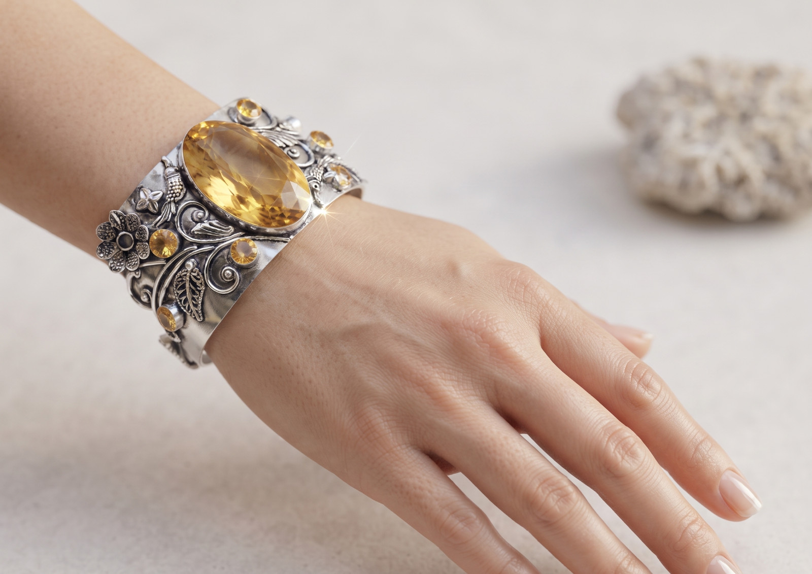 Yellow Citrine Cuff Bracelet 925 Sterling Silver Handmade Gemstone Jewelry ADJ”