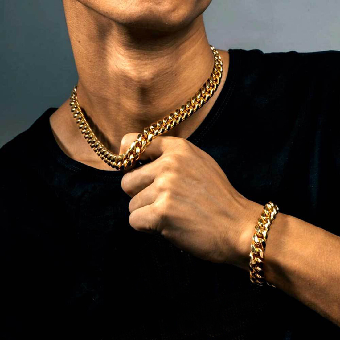 Mens Miami Cuban Link Bracelet or Chain Necklace 18k Gold Plated Stainless Steel