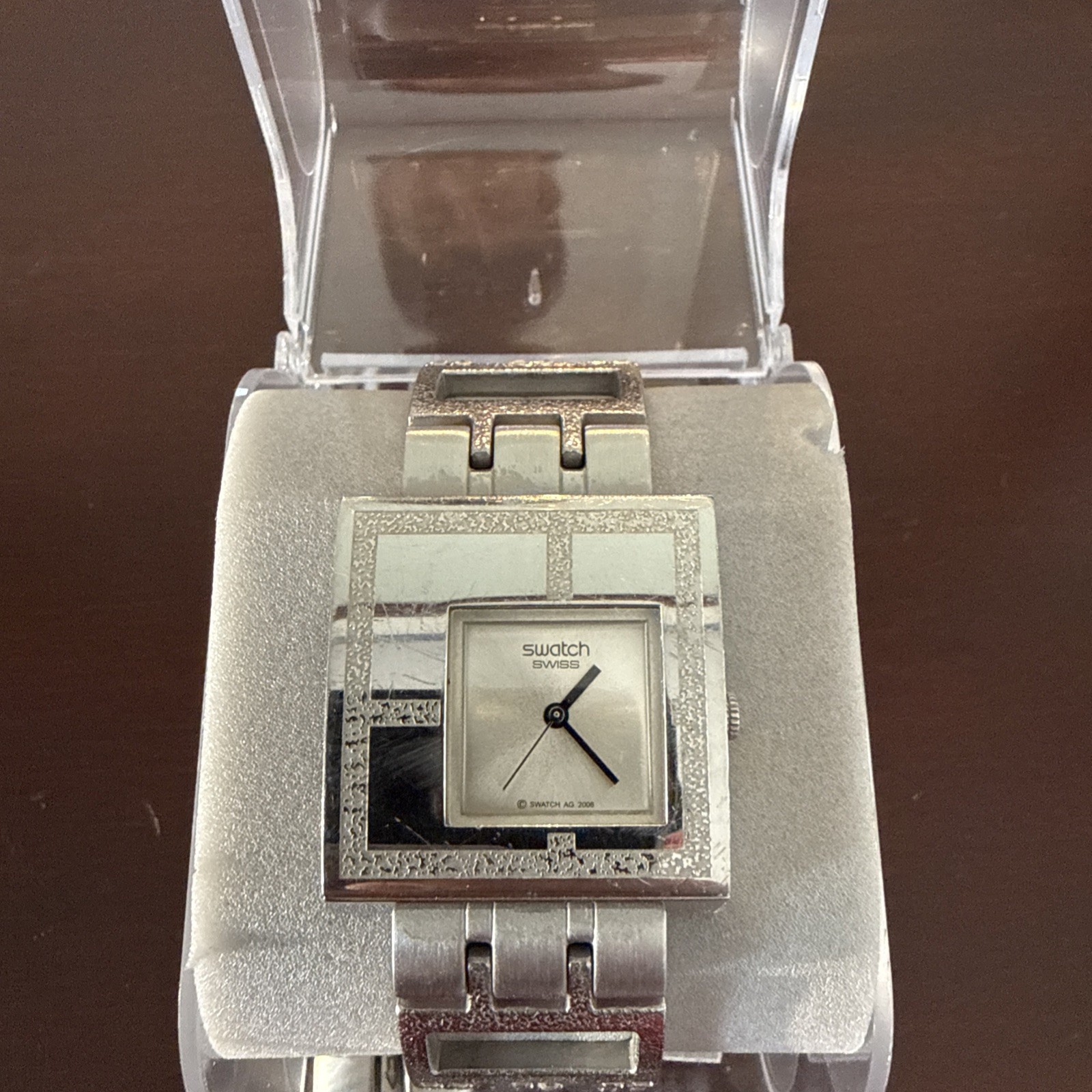 Swatch YUS100G Square Mirror Time Swiss Quartz Womens Watch with Box and Papers