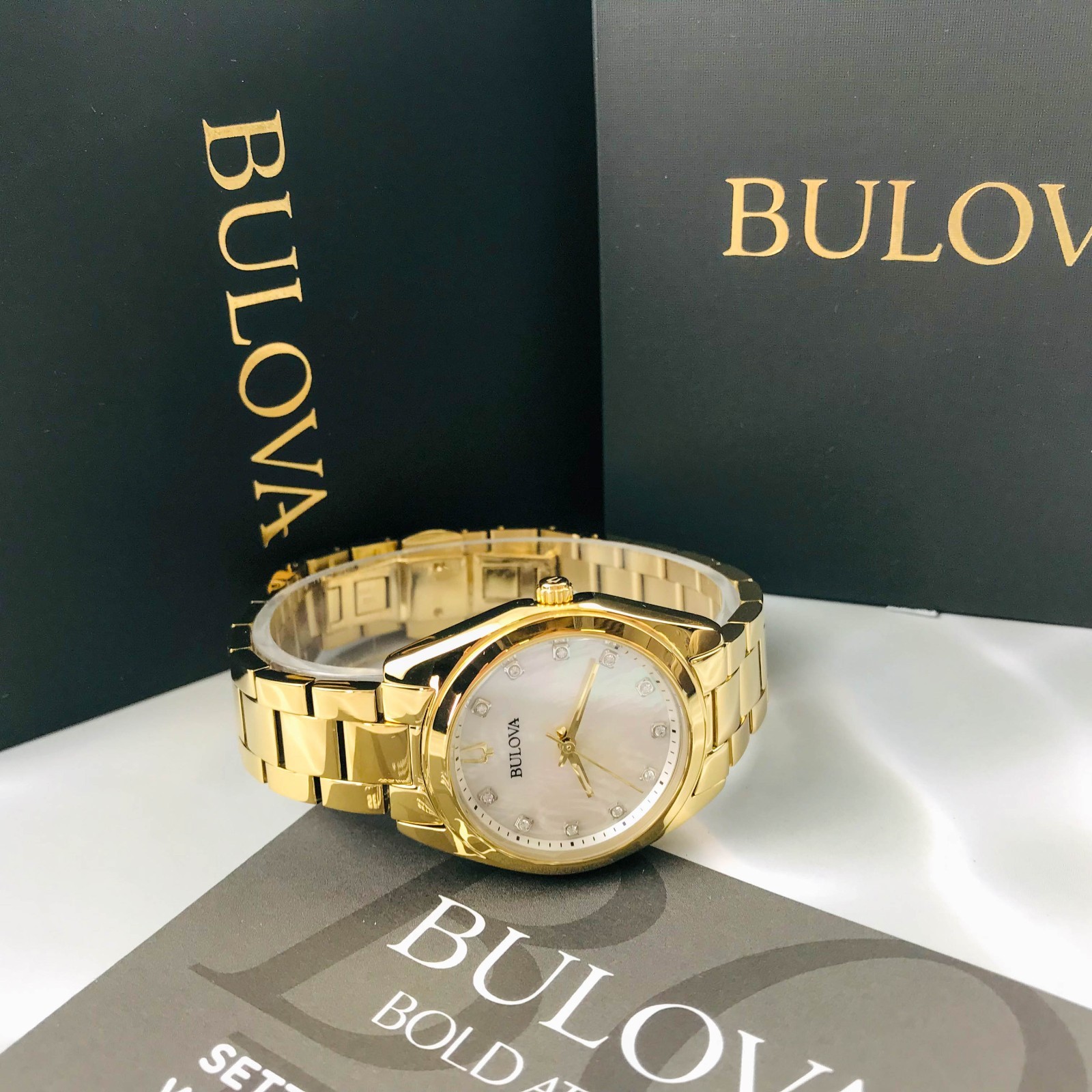 Bulova Women’s Surveyor 97P172 Mother-of-Pearl Diamond Dial Gold-Tone Watch 31mm