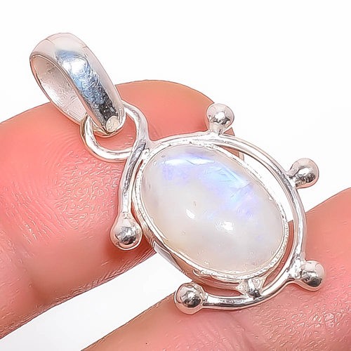 Natural Rainbow Moonstone – Bihar Gemstone 925 Silver Plated Pendant 1.37″ P-4