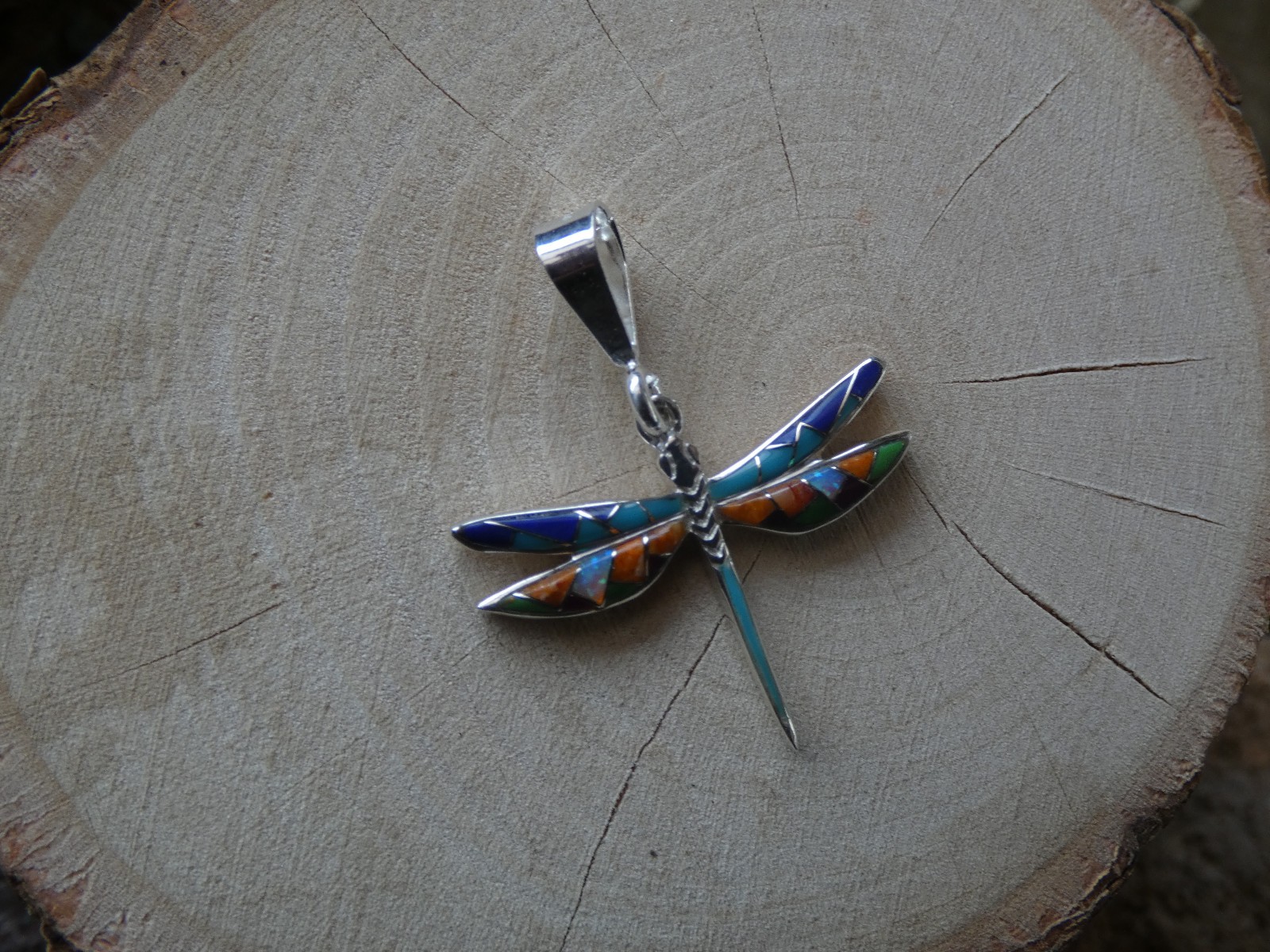 Dragonfly Southwestern Sterling Silver Small Pendant Multi Gemstone & Opal S18