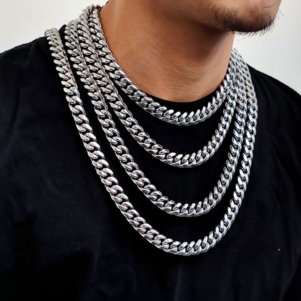 Heavy Stainless Steel Men’s Miami Cuban Link Chain Bracelet 8mm-14mm Necklace