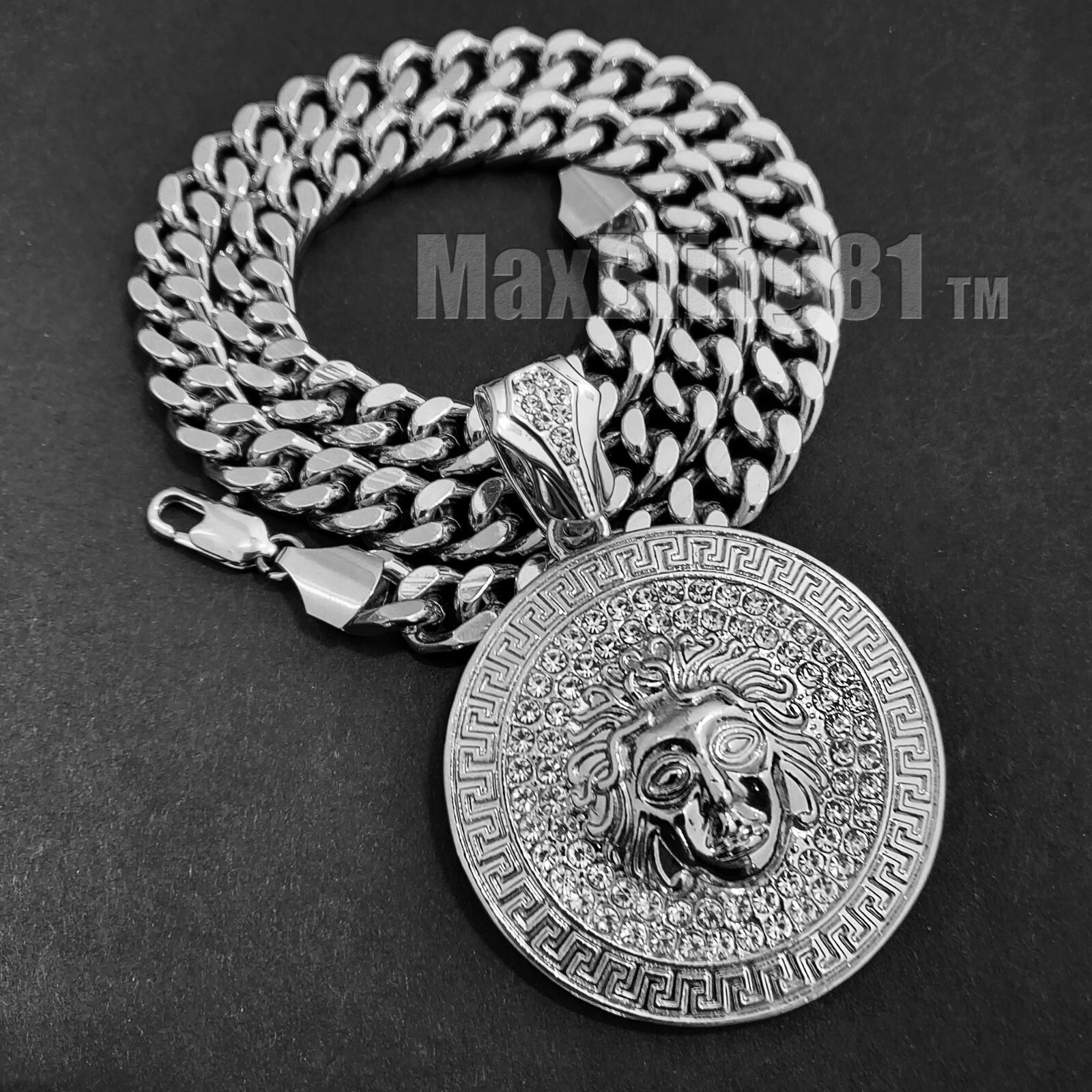 Icy Silver Plated Alloy Cubic Zirconia Large Medusa Pendant Cuban Chain Necklace