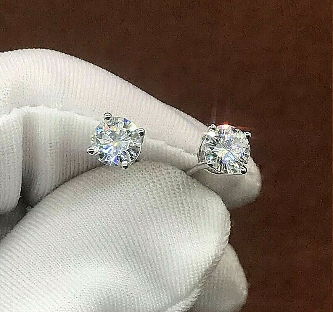 1 Ct Round Lab Created VVS1/D Solitaire Stud Earrings 14k White Gold 6mm Push Bk