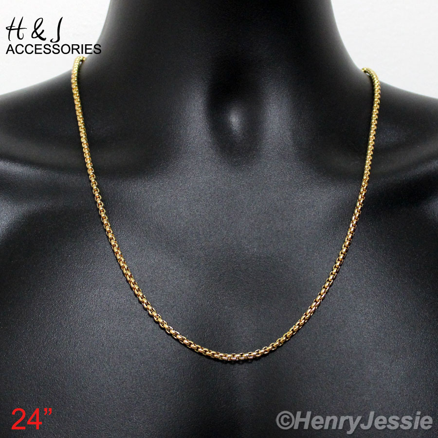 16-36″MEN Stainless Steel 2.5mm Gold Plated Smooth Classic Box Chain Necklace