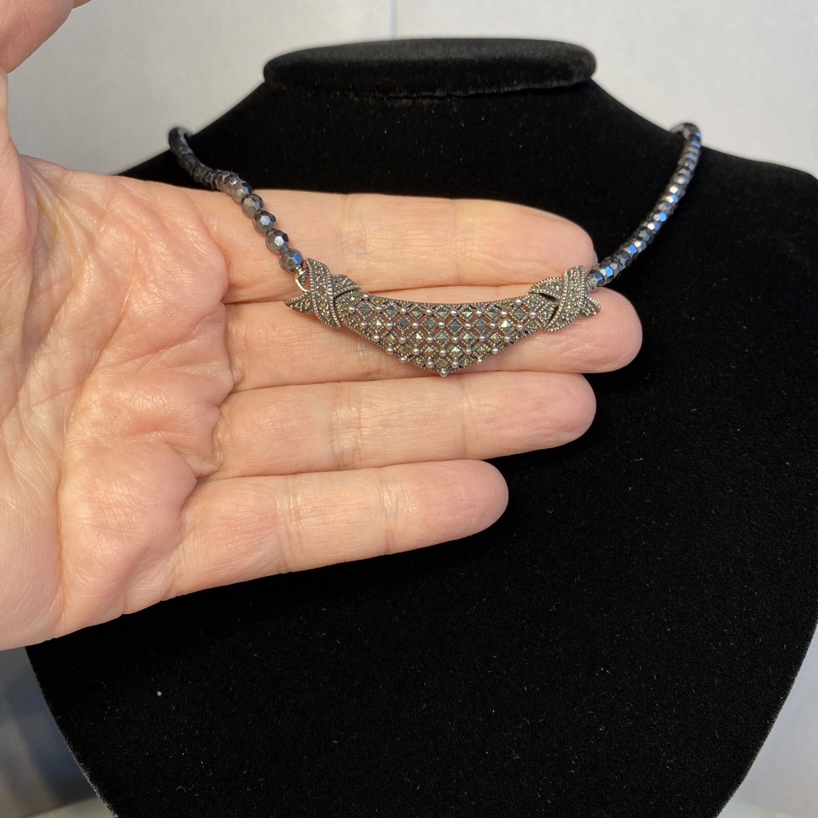 Vintage Necklace Sterling Silver Marcasite X Kiss Estate Fine Jewelry Pre-Owned