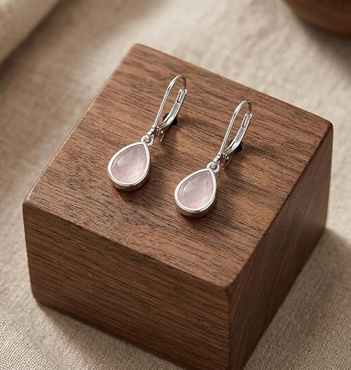 JUS 925 Sterling Silver Natural Rose Quartz Pear Shape Dangle Earrings Handmade