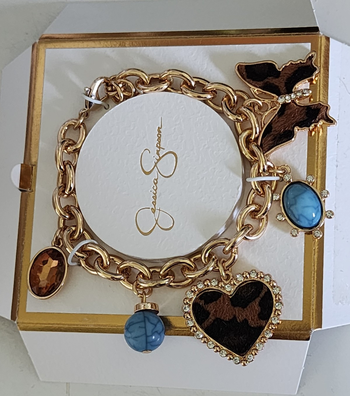 Jessica Simpson Gold Tone Charm Bracelet Blue Crystals Heart Butterfly