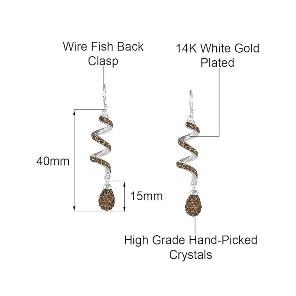 14K White Gold Plated Brown Spiral Shape Crystal Drop Dangle Hook Earrings