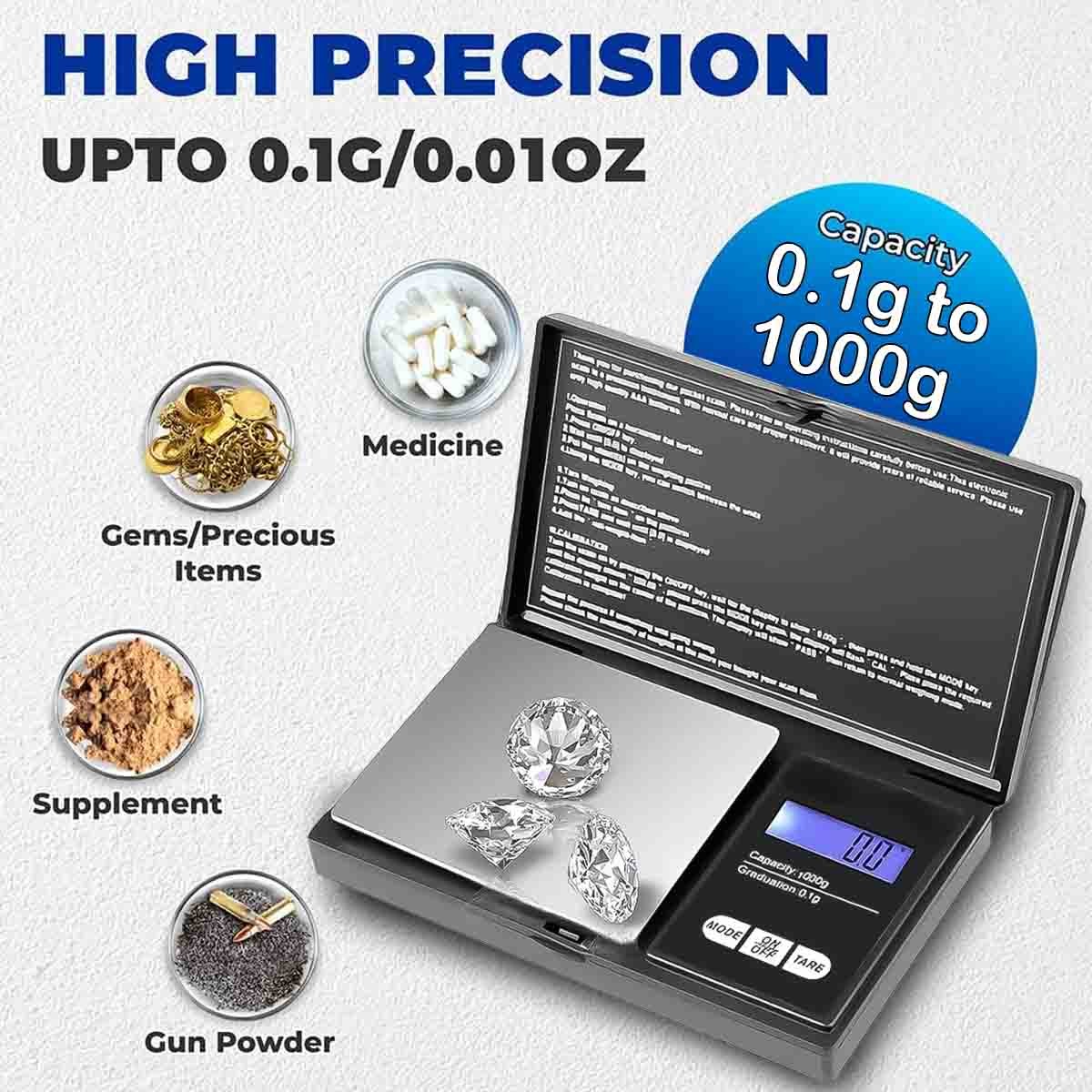 0.1g High Accuracy Mini Jewelry Scale 1000g 7 Units for Gold Gem Weighing