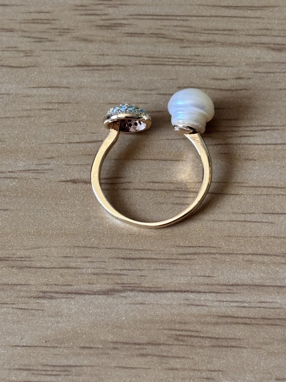 Round Fire Blue Faux Topaz Faux Pearl Gold Ring Adjustable Size