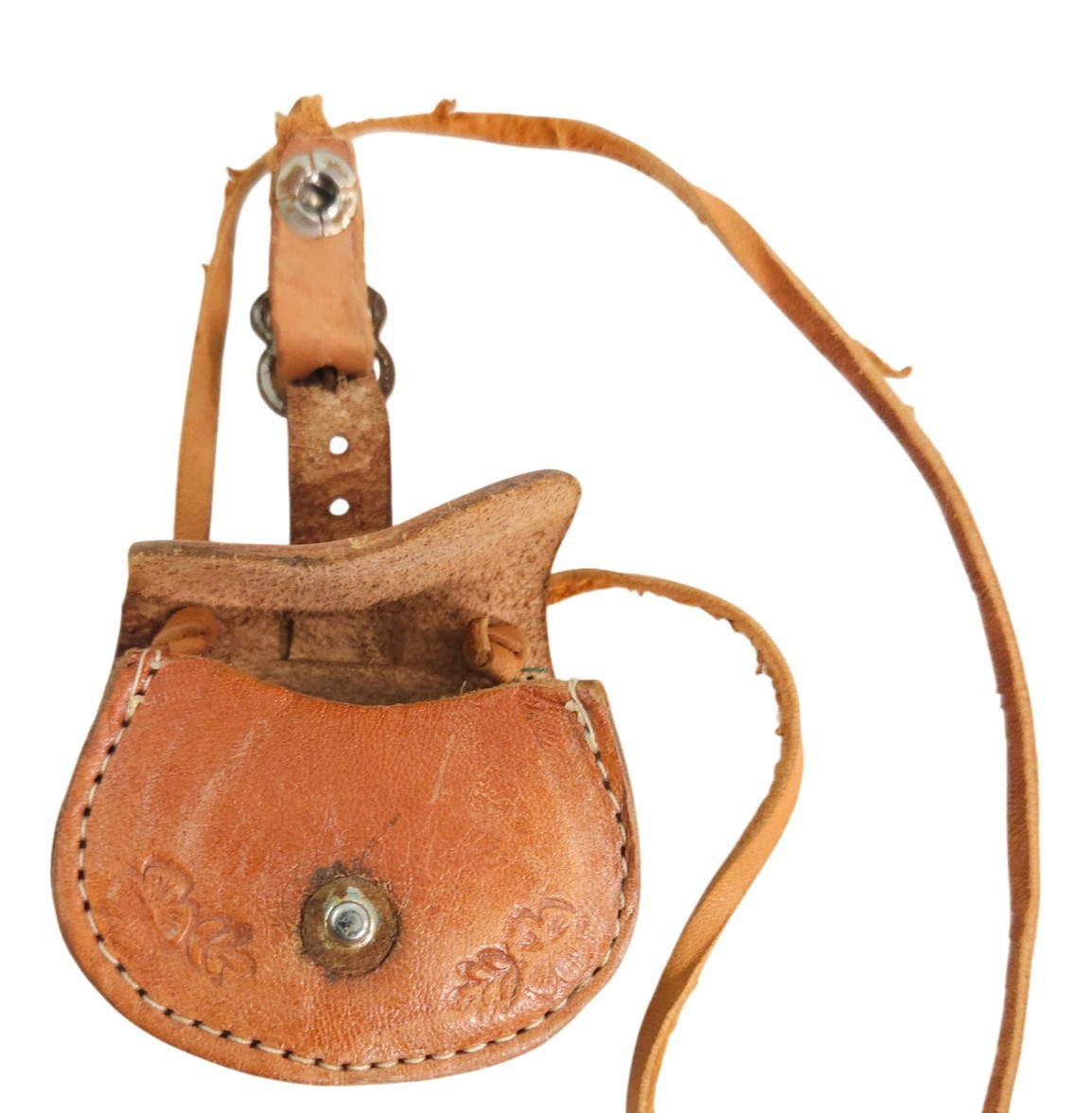 Mini Tooled Leather Embossed Purse Bag Pendant Necklace Light Brown 2.5″