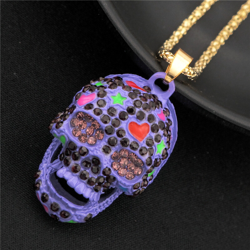 Fashion Women Purple Rhinestone Cute Enamel Love Skull Pendant Chain Necklace