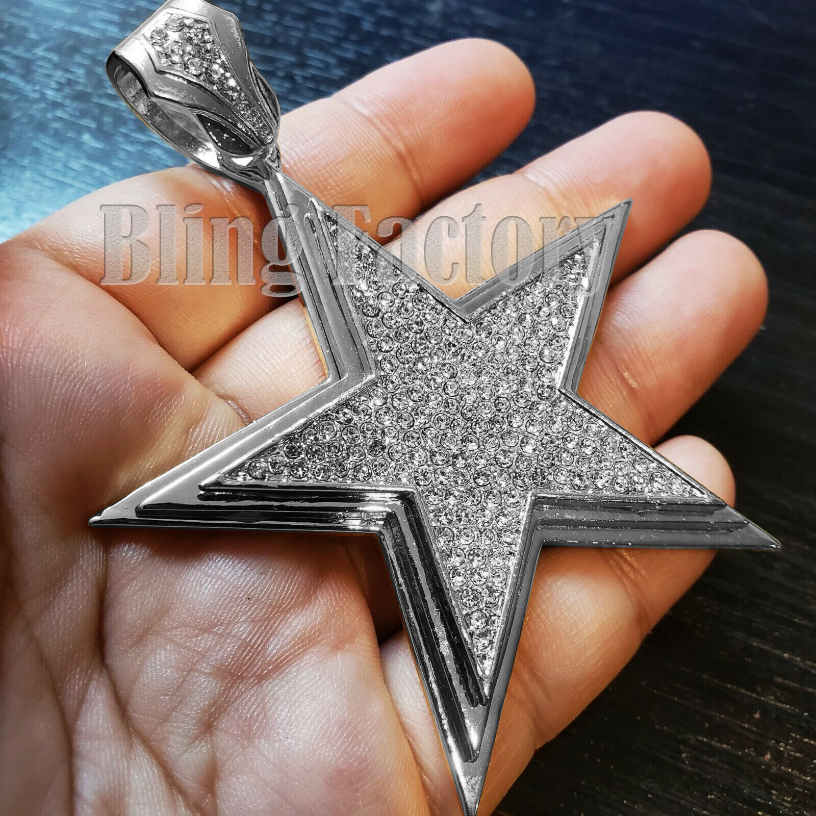 HIP HOP ICED RAPPER CUBIC ZIRCONIA SILVER PLATED ALLOY LARGE STAR CHARM PENDANT