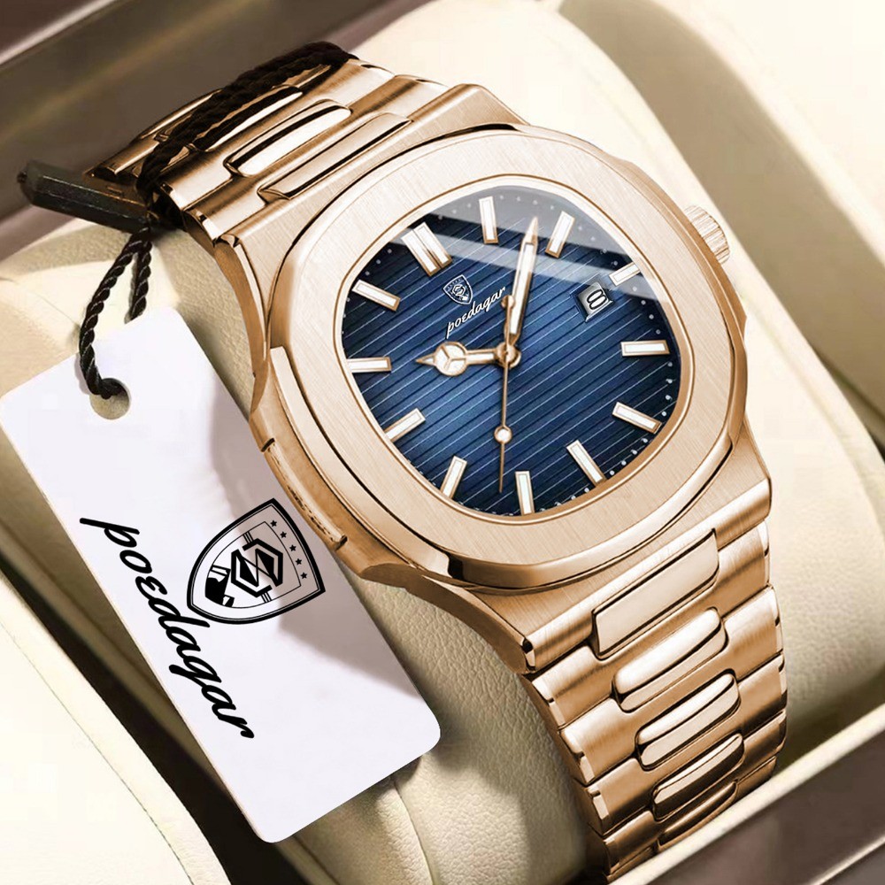 POEDAGAR Square Men Waterproof Luminous Date Stainless Steel Quartz Watch