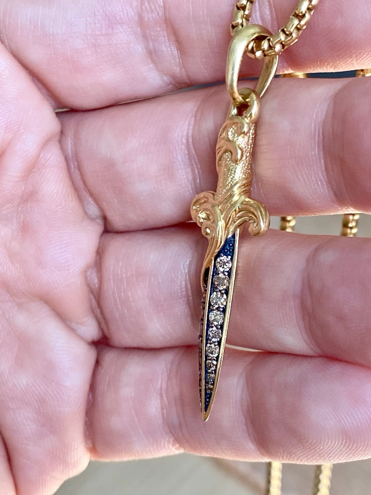 David Yurman 18k “ Gold Box Chain Necklace 2.7mm Diamond dagger 54mm $10,350