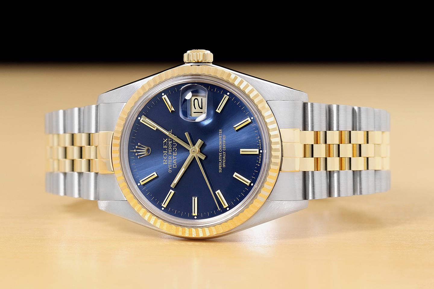 ROLEX MENS DATEJUST 16233 BLUE DIAL 18K YELLOW GOLD STEEL JUBILEE BAND WATCH