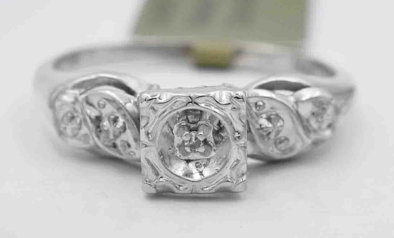 GENUINE DIAMOND RETRO ENGAGEMENT RING 14K WHITE GOLD – NWT – Free Appraisal
